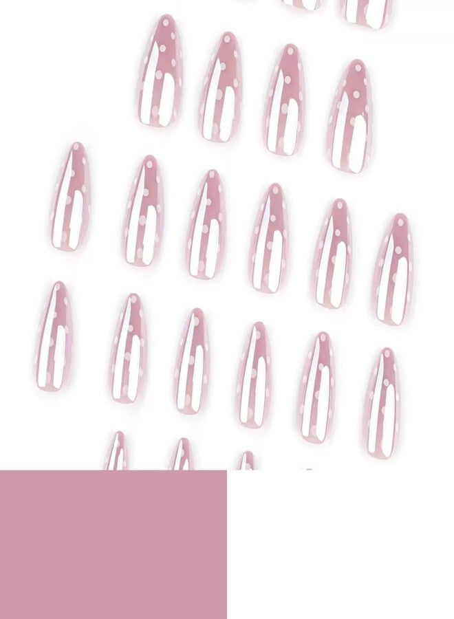 CTTHNBD Short Press on Nails Almond - Chrome Pink Fake Nails with Polka Dot Design - Glossy Full Cover Stick on False Nails for Women 24 Pcs - Image 4